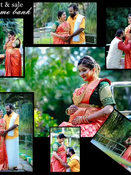 A collage showcasing a traditional maternity photoshoot, with the couple in beautiful ethnic wear in a serene garden setting.