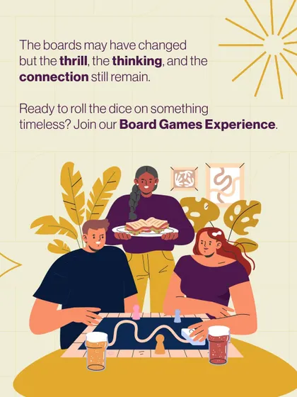 The boards may have changed, but the thrill and connection remain. This illustration captures the spirit of our board games experience, a chance to roll the dice on something timeless.