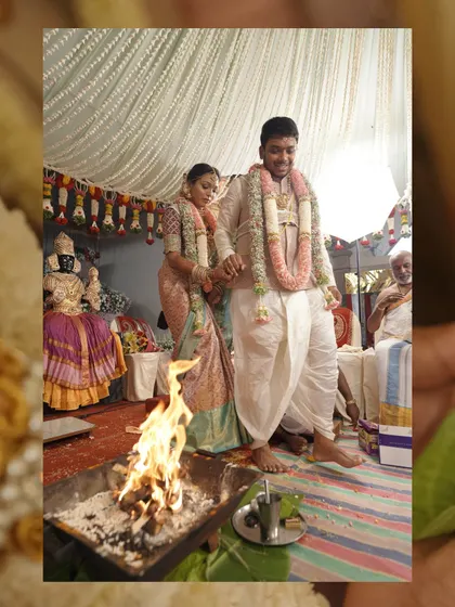 A collage showing the Saptapadi ritual, where the couple takes seven steps around the holy fire.
