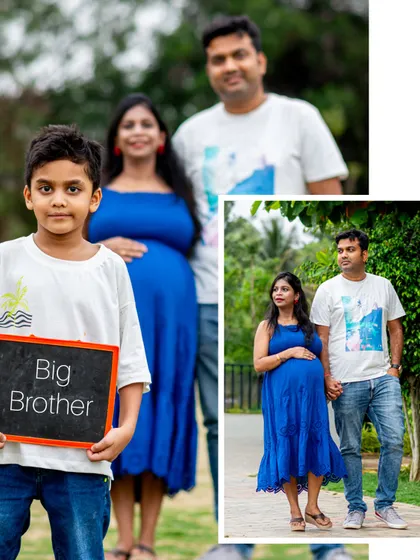 An outdoor maternity session collage capturing the excitement of a growing family. We love using natural light in beautiful Bangalore parks to create candid, story-driven photos, like this one celebrating a new big brother.