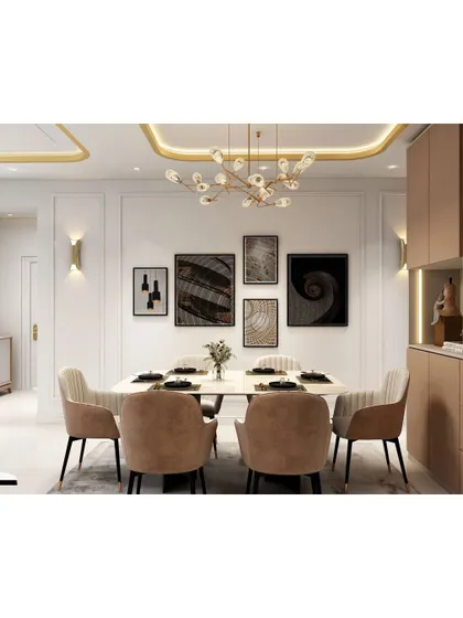 An elegant dining room setup perfect for formal gatherings. The design features upholstered chairs, a gallery wall of abstract art, and a modern chandelier, all tied together with warm, neutral tones and gold trim on the ceiling.