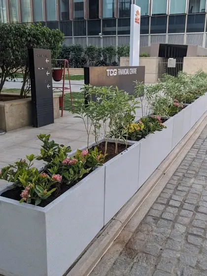 The finished line of planters at the TCG Financial Centre, adding a much-needed touch of nature to the modern building's exterior.