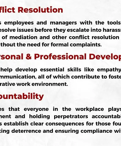 POSH training is not just about legal compliance; it also helps in conflict resolution and personal development. This slide highlights how the training equips employees with skills like empathy and communication to resolve issues before they escalate.
