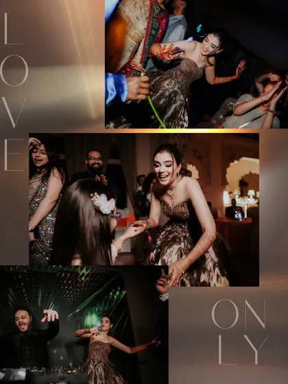 A collage focused on the bride's joy as she dances with friends and family, capturing the love and energy that filled the room.