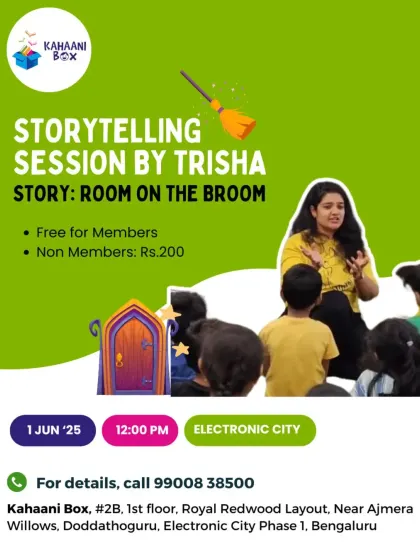 Hop on for a magical ride. This poster invites kids to our 'Room on the Broom' story time, a classic tale that we love bringing to life with fun crafts and activities.