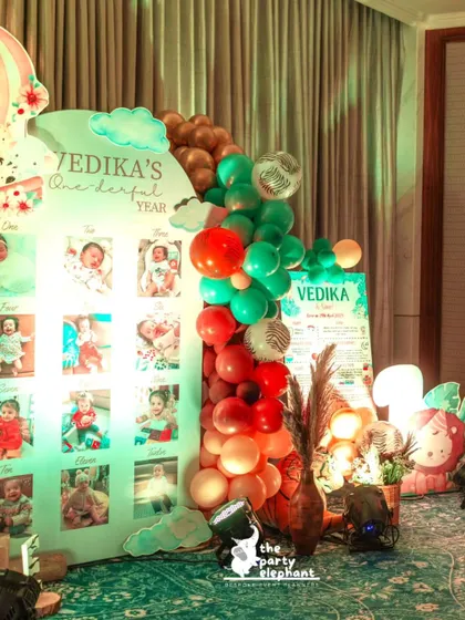 A milestone photo board showcasing Vedika's first year, month by month. This is a heartwarming and personal touch that I love to include in first birthday celebrations.