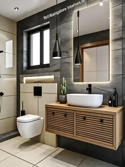 This bathroom showcases a floating wood vanity with a vessel sink against a dark grey tiled wall. The backlit mirror and black pendant lights add a touch of industrial chic.
