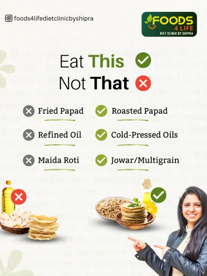 This "Eat This, Not That" graphic shows simple, healthy swaps you can make in your Indian kitchen, like choosing roasted papad over fried and jowar roti over maida.