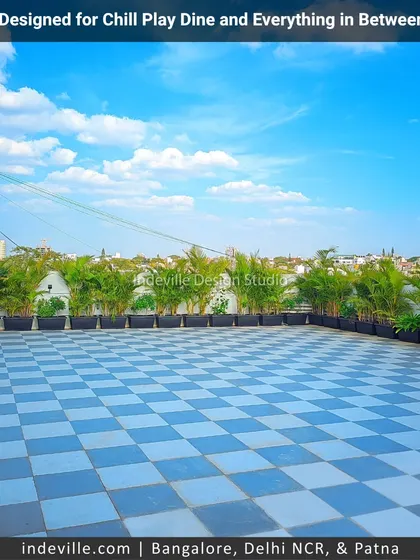 This image shows the expansive chequered tile flooring I installed on a large terrace. This durable and stylish hardscaping solution provides a versatile base for various activities, from setting up lounge furniture to hosting events.