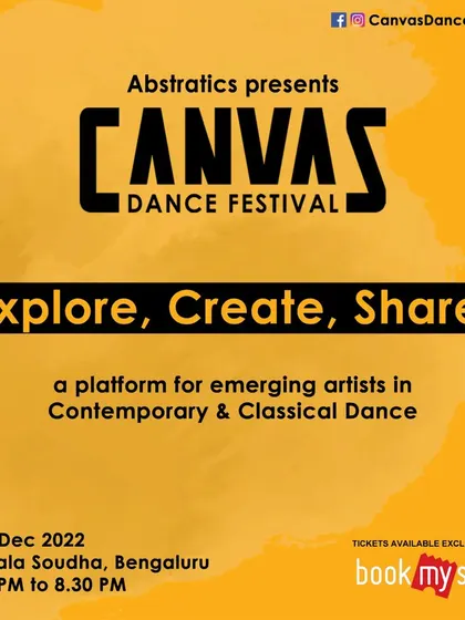 The official poster for the Canvas Dance Festival 2022, announcing that tickets are available on BookMyShow for our showcase of 12 emerging artists.