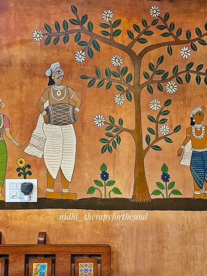 This section of the procession shows musicians and a guard, with careful attention to their traditional attire and the natural elements like trees and flowers that frame the scene.