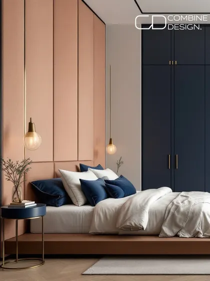 This bedroom showcases a beautiful contrast of materials. The soft, suede-paneled headboard in peach fuzz pairs perfectly with the sleek, matte finish of the midnight blue wardrobe, creating a look of pure luxury.