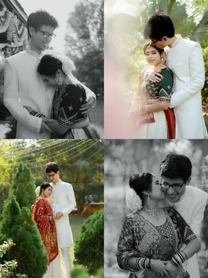 A collage of sweet and candid moments between the couple. The mix of color and black and white, along with playful kisses and warm hugs, tells a story of their love.