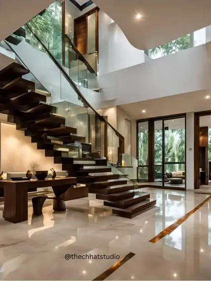 This grand staircase in a Dehradun residence serves as a stunning focal point. Designed with floating wooden treads and a glass railing, it appears to float within the space, offering a unique visual from every angle.