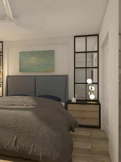 The view from the wardrobe area towards the bed, showing how the entire room comes together in a cohesive and elegant design.