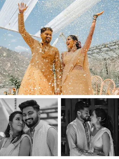 A collage of happy moments from a Haldi ceremony. The couple's joyful celebration under a shower of petals is beautifully contrasted with tender black and white portraits.