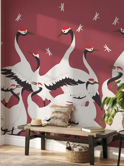Our Crane Families wallpaper in a striking red adds a touch of oriental elegance to this entryway. The design is both bold and graceful, making a memorable first impression.