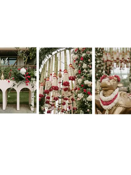 A collage of decor details from a floral-themed wedding. It features a modern arched table, intricate hanging flower arrangements, and a traditional brass Nandi statue adorned with a garland.
