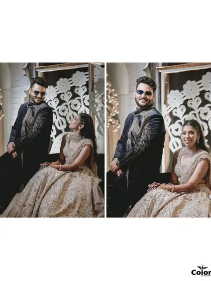 A clean, side-by-side diptych showing two different poses from the same setup.