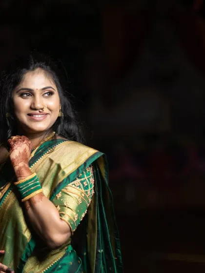 Gauri in a stunning green saree. This look showcases how I can adapt the makeup to suit different outfits while maintaining a consistent, flawless base.