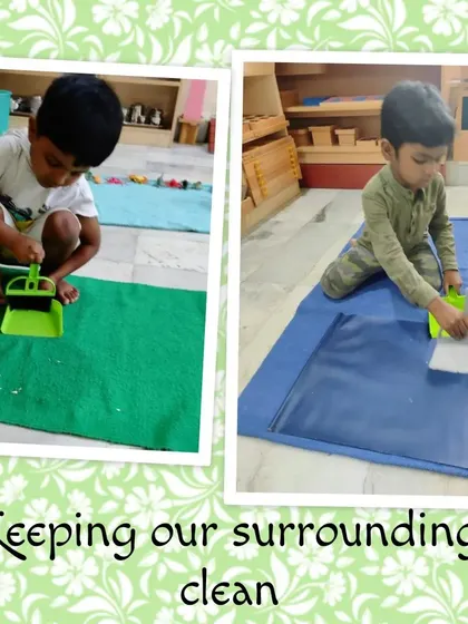 Children learning to keep their surroundings clean, a core Montessori principle.