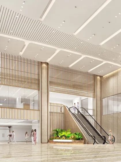 The grand lobby at Yashoda Medicity is designed for human experience alongside technical requirements. Light-filled hallways, layered with artwork and accent furniture, animate the space with warmth and comfort, breaking from sterile clinical environments.