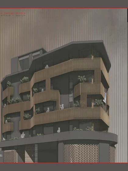 A facade concept study for 'M55,' a residential building in Jayanagar, featuring curved balconies wrapped in vertical wooden louvers.