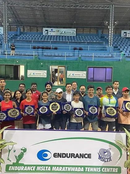 A group photo of all the winners at the Endurance MSLTA Marathwada Tennis Centre, celebrating the success of our players on the Asian Tennis Tour.