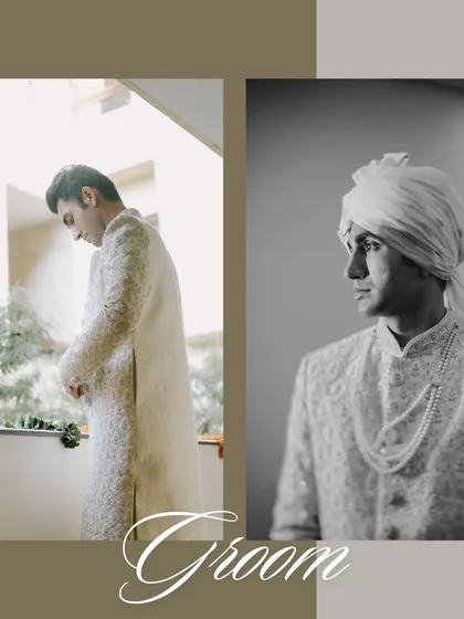 A collage of the groom getting ready. The mix of a candid moment and a classic black and white portrait shows the anticipation and elegance of the groom's preparation.