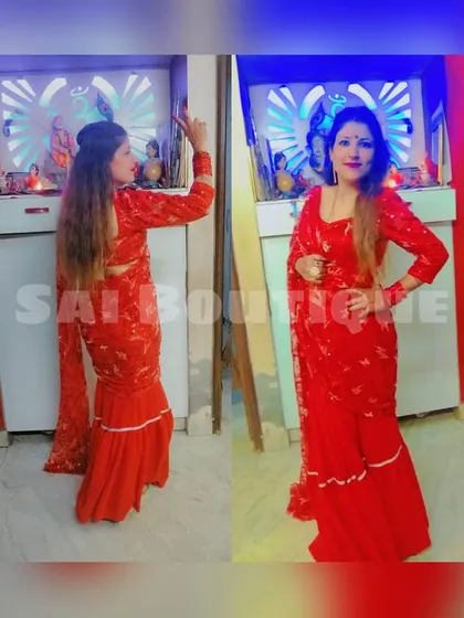 A client looking beautiful in a red draped saree with delicate embroidery. This outfit is perfect for Karwa Chauth or any festive occasion where you want to shine.