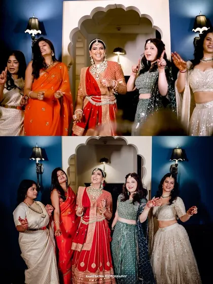The bride and her squad dancing together before the ceremony, a perfect picture of friendship and joy.