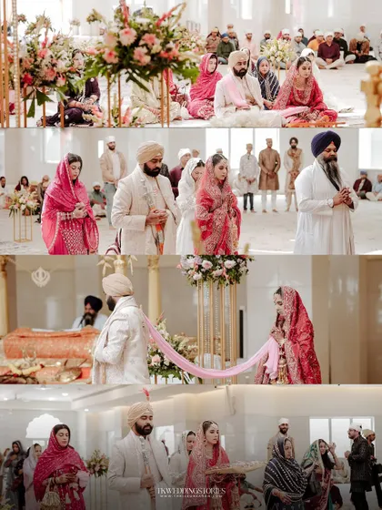 A comprehensive collage of the Anand Karaj ceremony, capturing the different stages of the ritual inside the Gurudwara.
