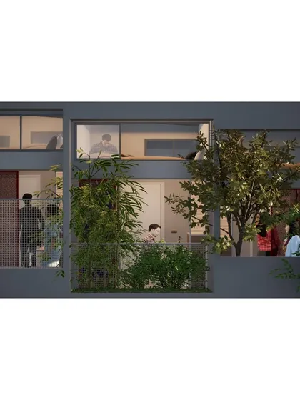 This render for "Coilspace" shows how balconies and shared spaces can be filled with greenery, creating a more humane and pleasant living environment for students.