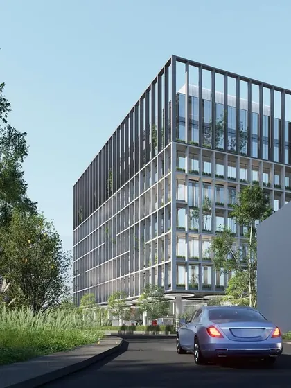 This speculative office building in Visakhapatnam features a robust and uncomplicated design. The strong vertical and horizontal lines of the facade create a timeless aesthetic, while the ground level is designed for retail and food and beverage to activate the streetscape.