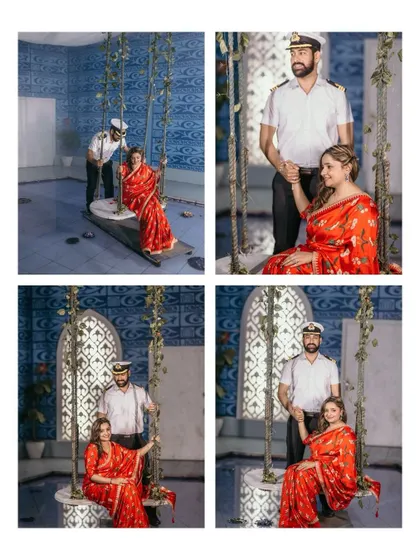 A collage from a themed indoor shoot, using a swing and unique backdrops to create a variety of romantic scenes.