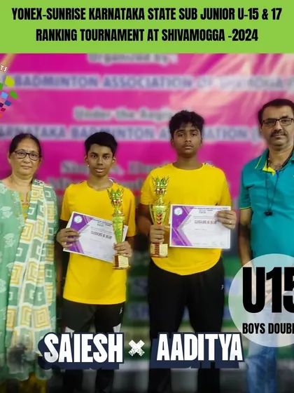 Our bronze medalists Saiesh and Aaditya with their parents and officials at the state sub-junior ranking tournament in Shivamogga.