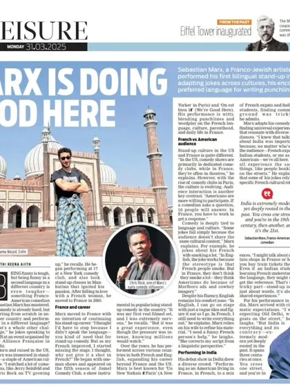 A full-page newspaper feature on Sebastian Marx's performance in Delhi. The extensive media coverage highlights the high-profile nature of the artists we host.