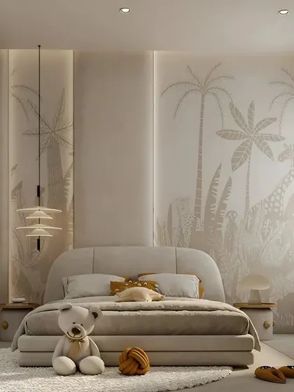 A serene and gentle kids' room with a subtle jungle-themed wall mural. The neutral color palette and soft lighting create a calming space for a young child.
