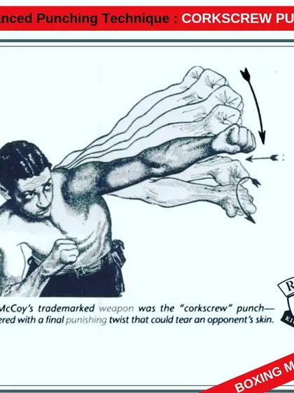The corkscrew punch is an advanced technique used to generate tearing power. This guide illustrates how to apply the twisting motion to straights, hooks, and uppercuts for maximum impact.