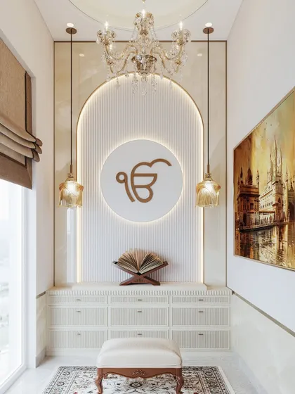 A home Gurudwara (Sikh prayer room) visualized with elegance and serenity. The render highlights the backlit 'Ek Onkar' symbol, the ornate chandelier, and the peaceful atmosphere.