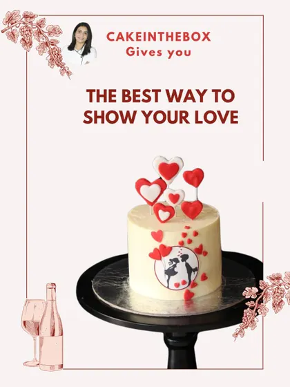 A sweet and simple way to show your love. This cake features an edible print of a romantic silhouette and is topped with a cascade of red and white hearts.