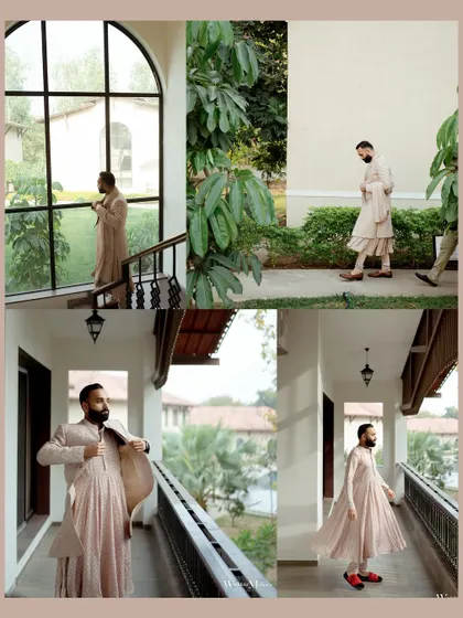 This collage documents the groom's process of getting ready, capturing his style and the moments of quiet preparation.