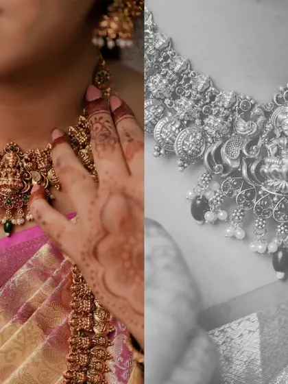 A detailed shot of the bride's traditional temple necklace, shown in both color and black and white to highlight its craftsmanship.