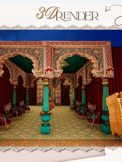 A 3D render of the grand entrance corridor for the Mysore Mandira project. This digital mock-up of the jade-green and gold arches and elephant sculptures was translated into the stunning final build.