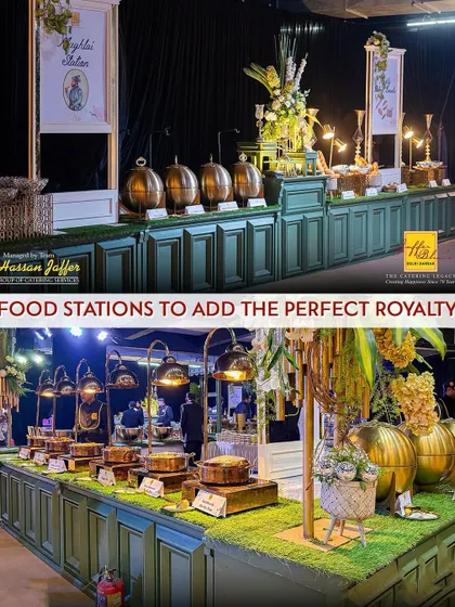 Our food stations are designed to add a touch of royalty to your event. This collage shows our elegant green and gold buffet counters, complete with traditional serving dishes and floral arrangements, ensuring a majestic presentation.
