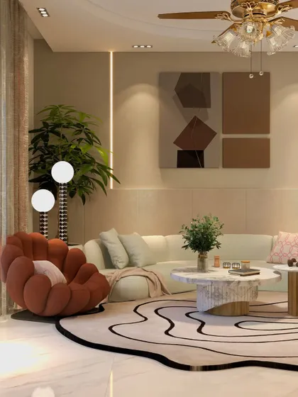 A living room where storytelling is key, using a mix of neutral shades with a pop of burnt orange in the statement armchair.