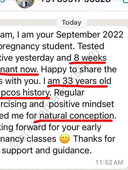 A happy update from a pre-pregnancy student with a history of PCOS. At 33, regular exercise and a positive mindset helped her conceive naturally.