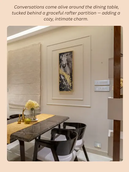 The intimate dining area in the Mumbai home, set behind a graceful rafter partition.