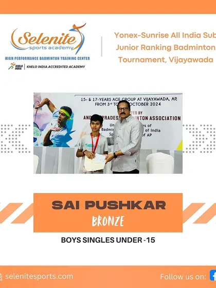 Sai Pushkar adds another medal to his collection with a Bronze in Boys Singles Under-15 at the All India Sub Junior Ranking Tournament in Vijayawada.