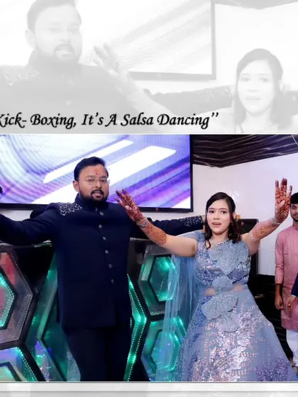 A fun, candid shot of the couple dancing at their engagement party. Our album layouts often feature these lively moments to tell a complete story.